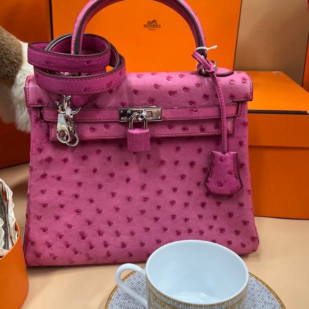 Hermes Kelly 25 pink ostrich leather